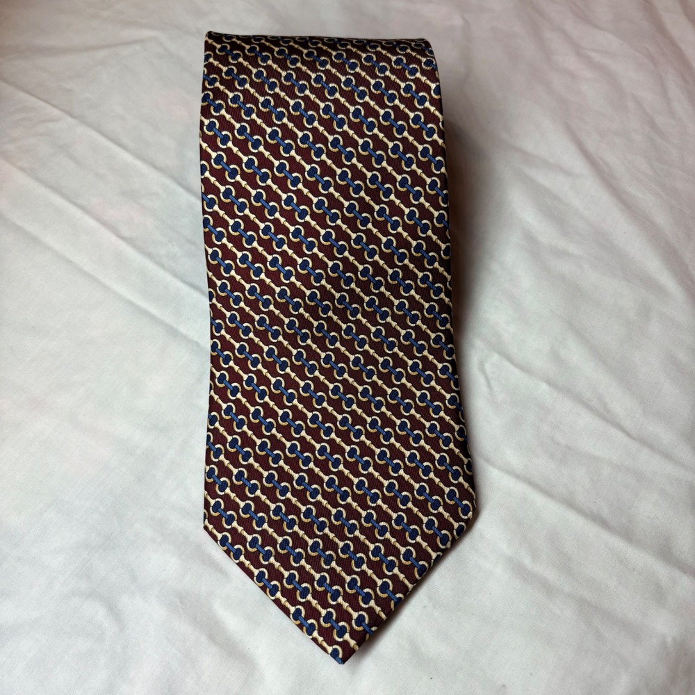 Brooks‎ Brothers Makers Silk Tie Burgundy Blue Gold Horsebit Chain Link USA Made